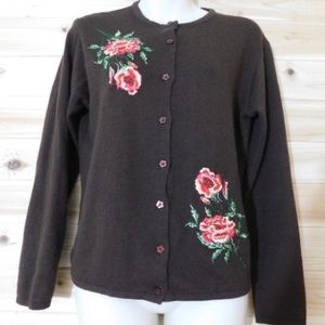 VINTAGE Haband! Brown button down cardigan Floral Rose embroidered